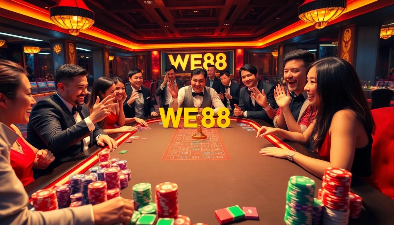 Experience the thrill of WE88 at an upscale casino table, featuring vibrant poker chips and a roulette wheel.