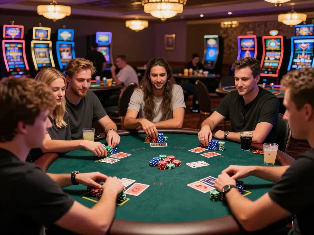 Friends enjoying an engaging poker night, showcasing strategic gameplay and camaraderie around the transporthydraulics-themed table