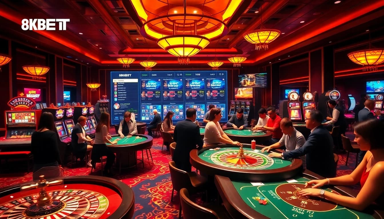 Excited gamblers enjoying the thrilling atmosphere of 8KBET casino games and betting options.