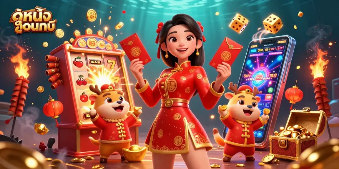 Experience ดูหนังออนไลน์ excitement with vibrant casino elements surrounding a festive scene of fortune and fun.