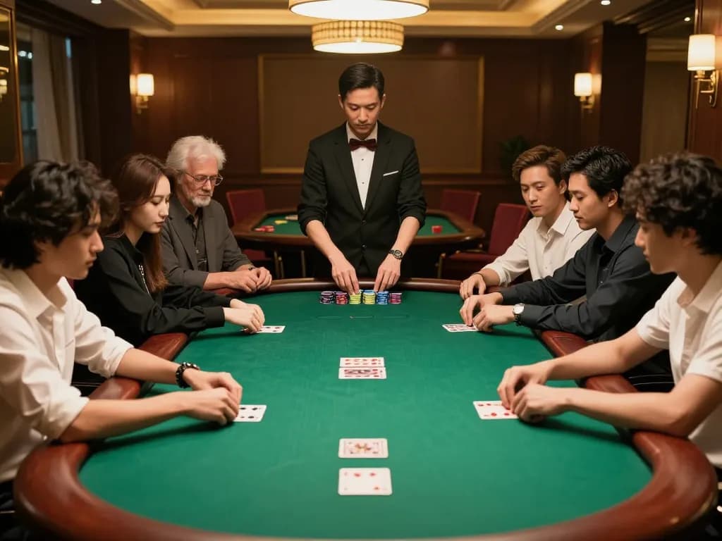 32win11 players strategizing during an intense poker match in an upscale environment