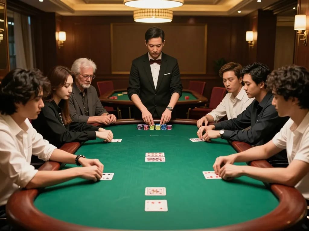 32win11 players strategizing during an intense poker match in an upscale environment