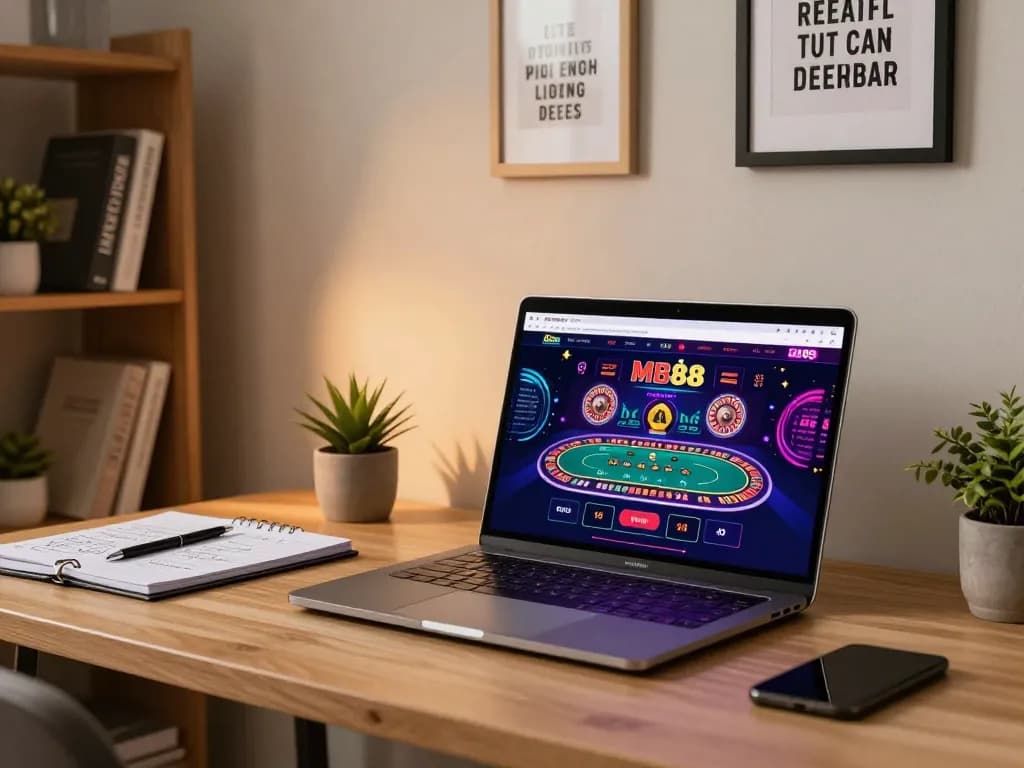 Engaged gambler using Nhà cái MB88 laptop for online roulette in a cozy home office