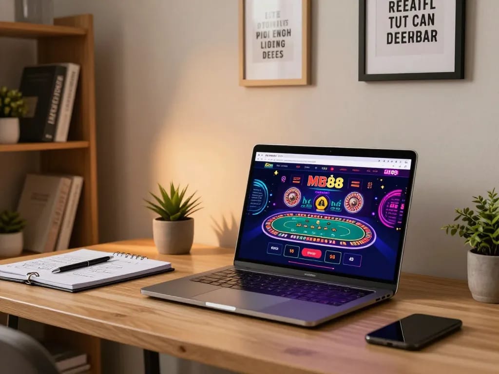 Engaged gambler using Nhà cái MB88 laptop for online roulette in a cozy home office