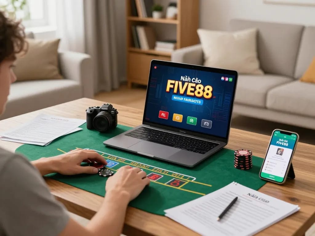Player enjoying a live dealer blackjack game on Nhà cái FIVE88 with vibrant home decor.