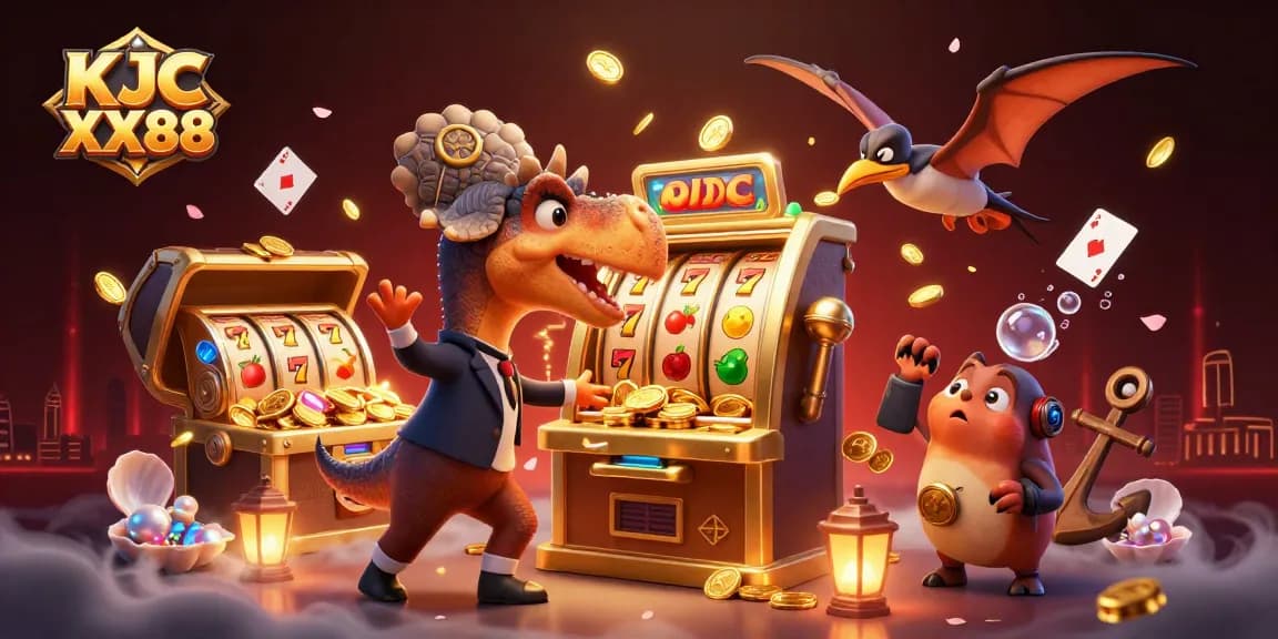 KJC XX88 showcases a lively casino scene with a pachycephalosaurus at a winning slot machine, creating an action-packed atmosphere.