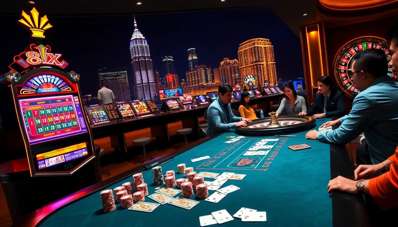 Players enjoying a vibrant casino experience at 8XX with poker chips, cards, and slot machines.