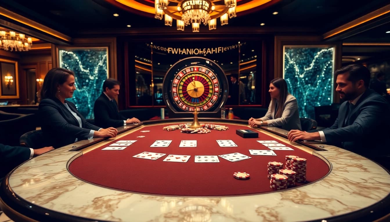 Play at tha bet in a luxurious casino setting with poker chips and cards.