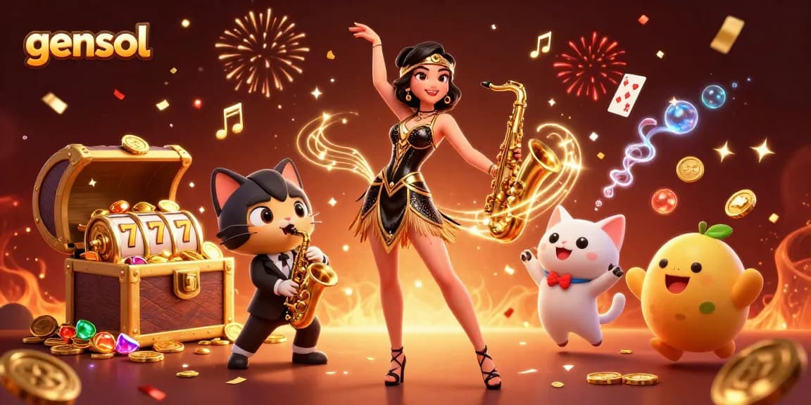 Engaging gaming scene with gensol, showcasing vibrant slot elements and dynamic characters celebrating.