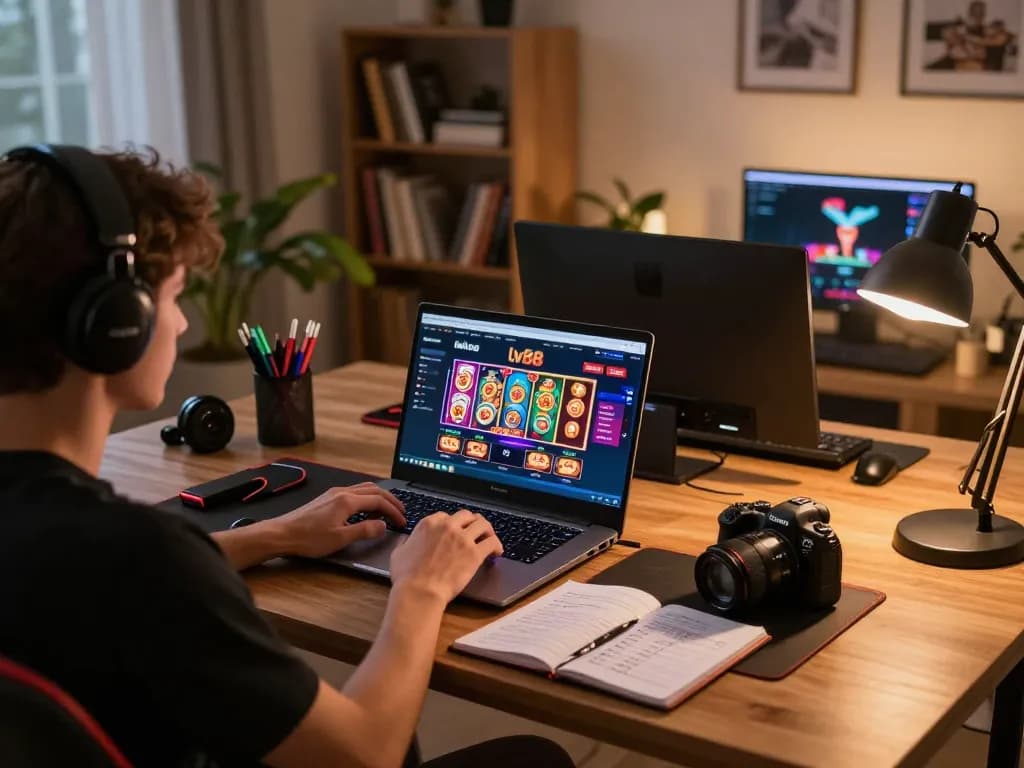 A player engaging in online gaming at nhà cái lv88, showcasing a focused laptop setup with poker graphics and strategy notes.