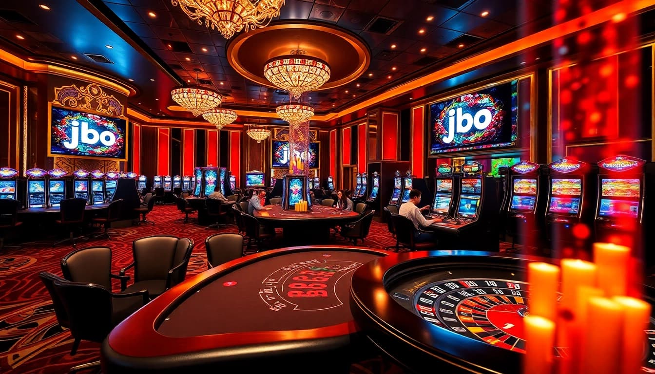 Players engaging in a high-stakes poker game at a luxurious jbo casino.