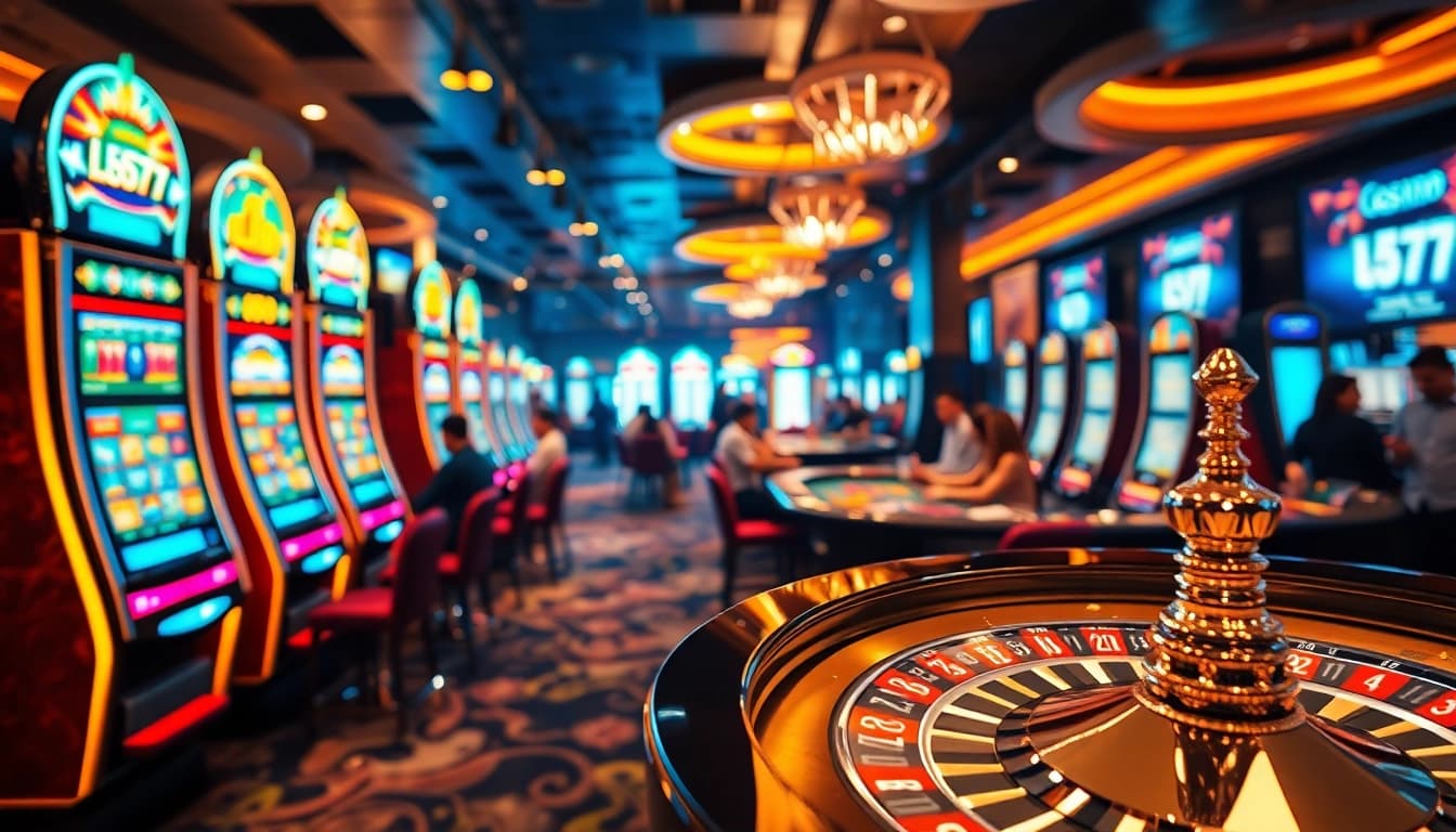 L567 casino scene showcasing vibrant slot machines and a roulette wheel in an exciting atmosphere.