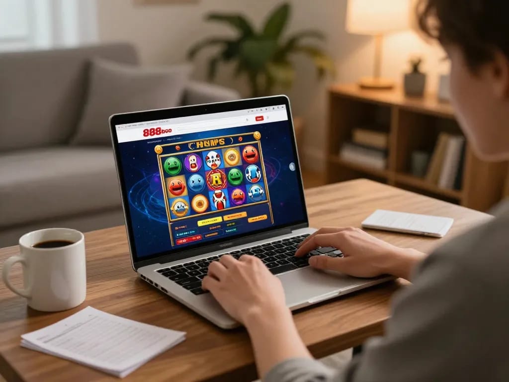 Engaging gameplay on 888bgo casino website from a cozy home setting with warm lighting