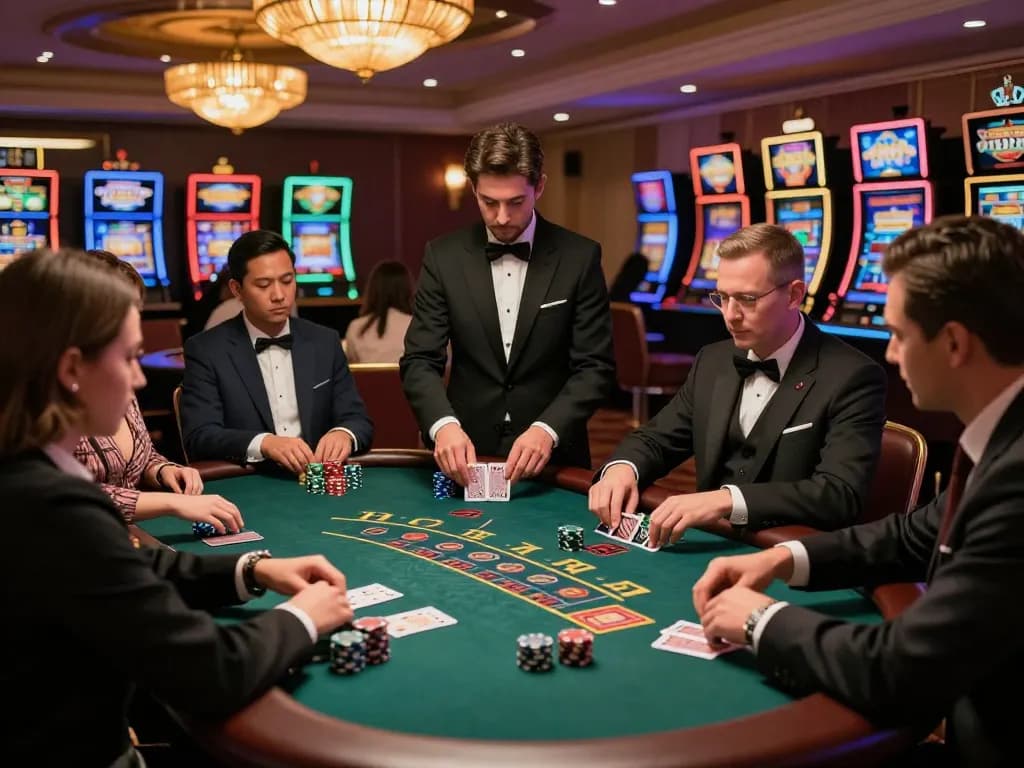 Players at hit club blackjack table focusing intently as dealer reshuffles cards, vibrant casino atmosphere
