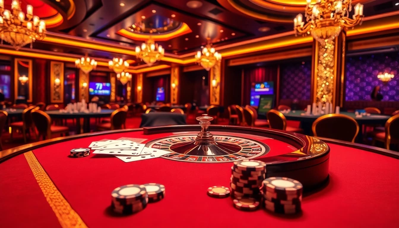78WIN casino scene featuring luxurious roulette and poker table with vibrant lights.