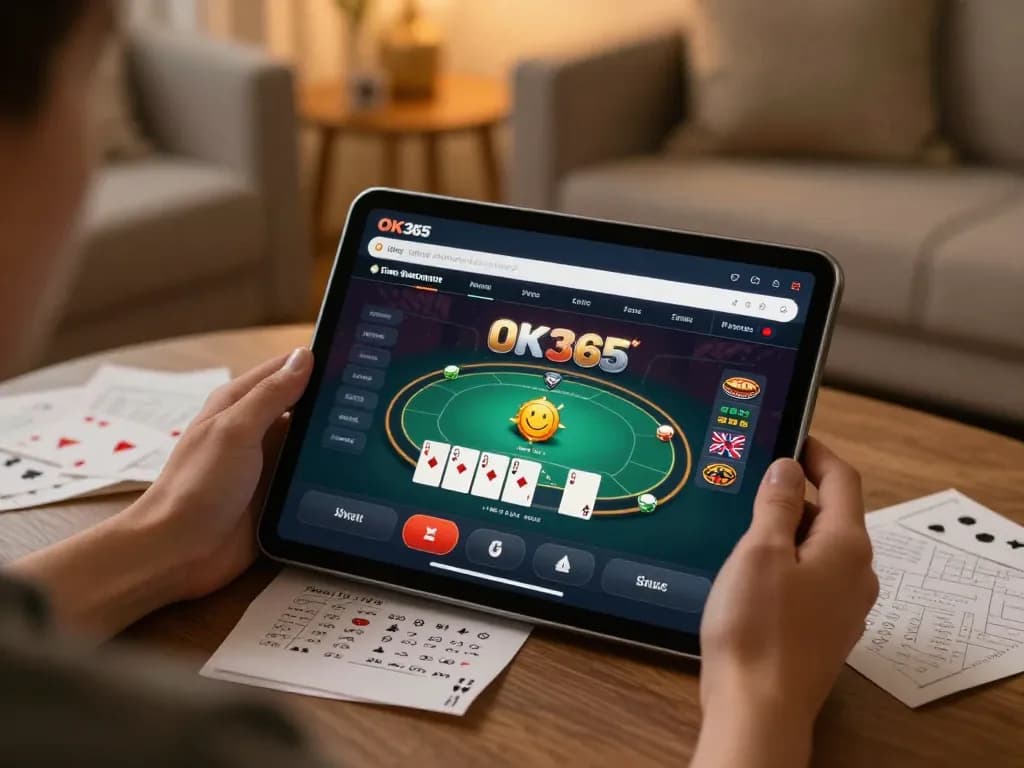 Engaging in OK365 đăng nhập while playing poker online on a tablet in a cozy home setting.