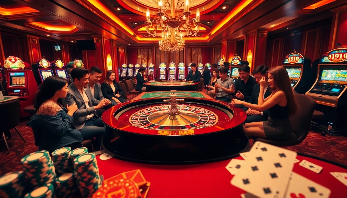 Players engaging in thrilling casino games at https://nk88net.com/ surrounded by vibrant roulette and slot machines.