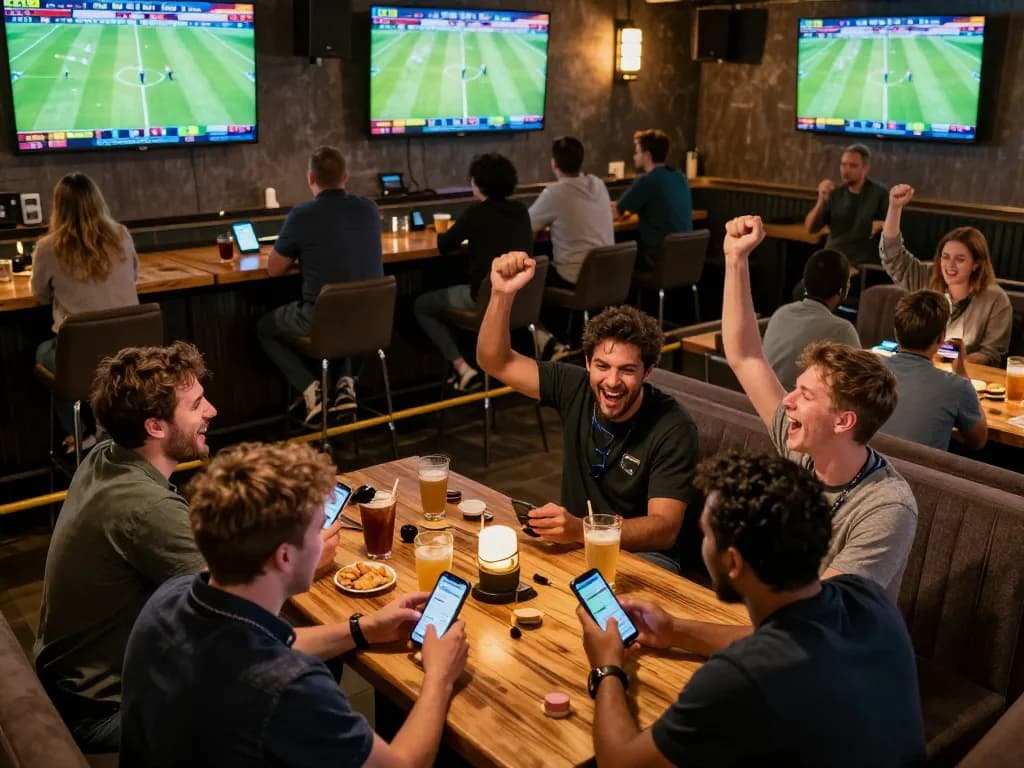 Fans engaging in sports betting using cakhiatv app at a high-energy bar setting