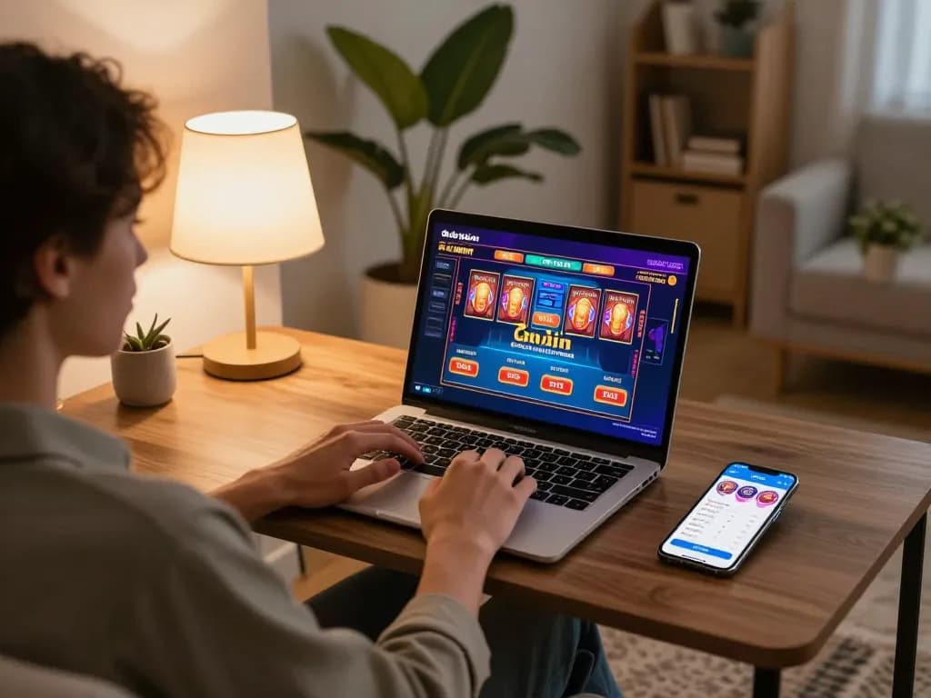 Engaging in online gambling at 58wiin with a cozy home setup featuring poker interfaces.