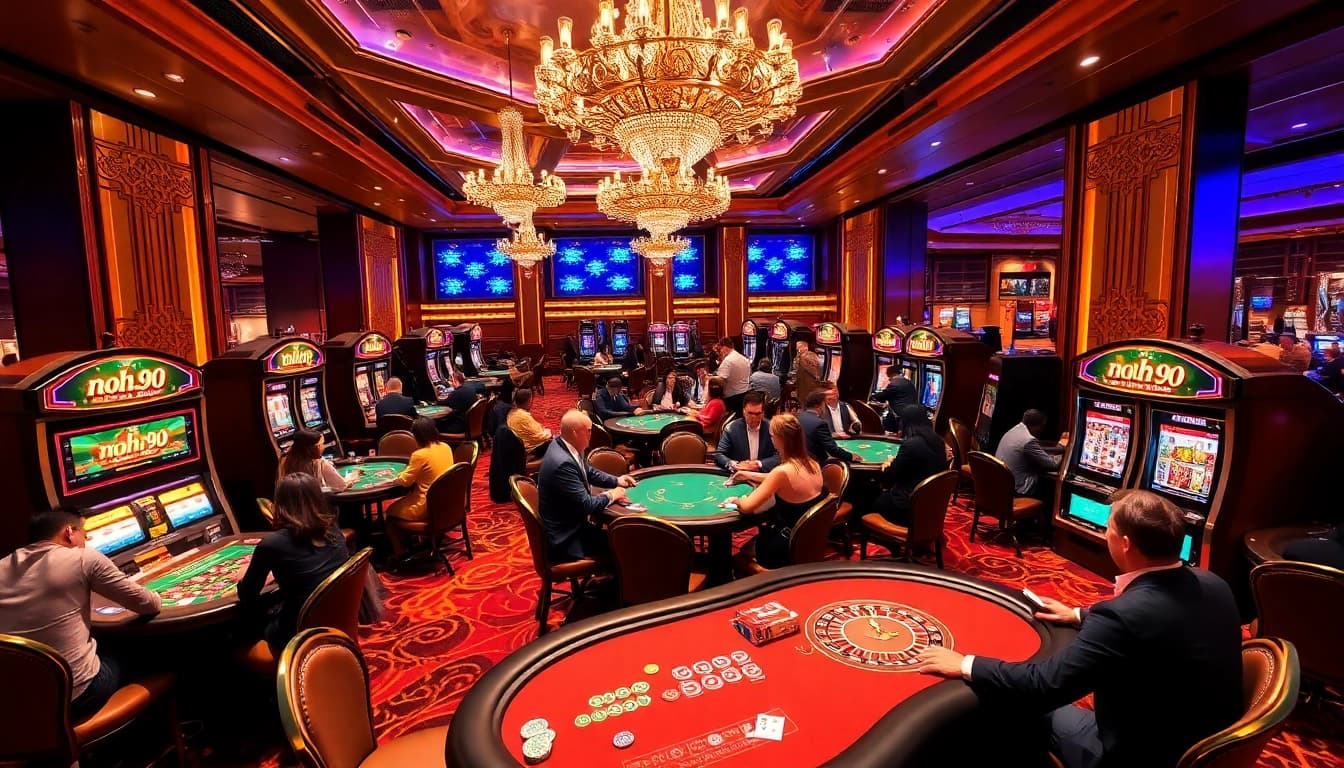 Nohu 90 players engaging in high-stakes poker on a luxurious casino floor.
