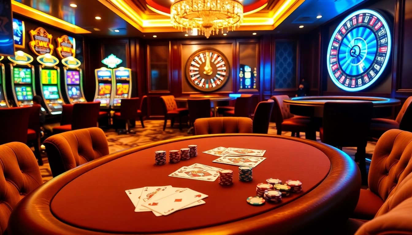 Casual gamblers enjoying a thrilling game at https://da88.navy/ poker table with colorful chips and cards.