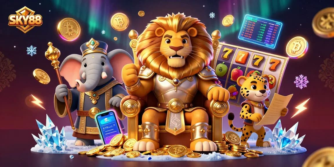 Experience the excitement of SKY88 with a vibrant casino scene featuring slots and dynamic characters.