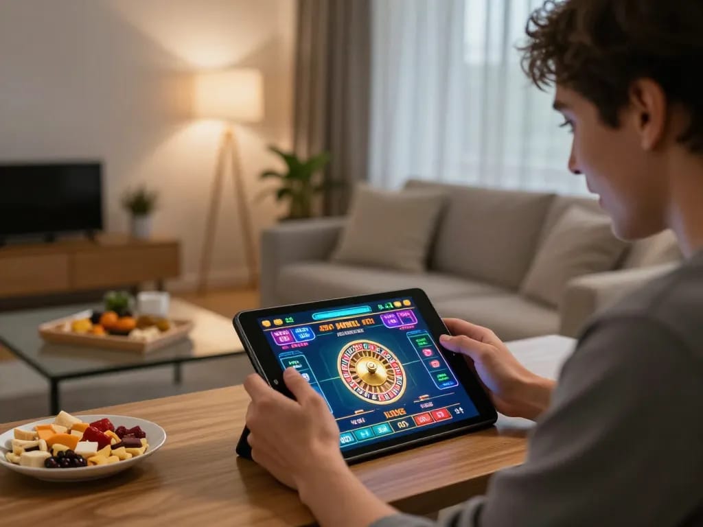 Engaging in online gaming with a tablet displaying 789 win roulette action in a cozy living room