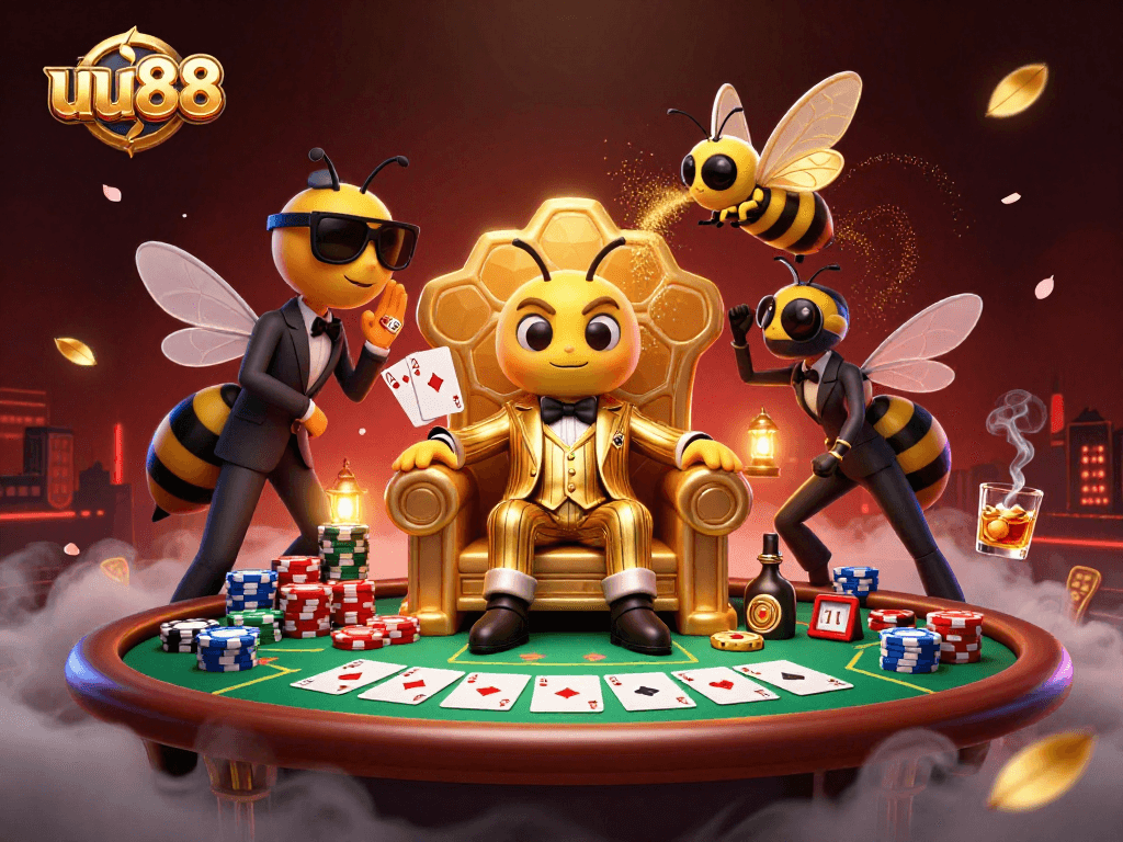 Engage in thrilling poker gameplay with uu88 as vibrant bumblebee mob boss leads the table.