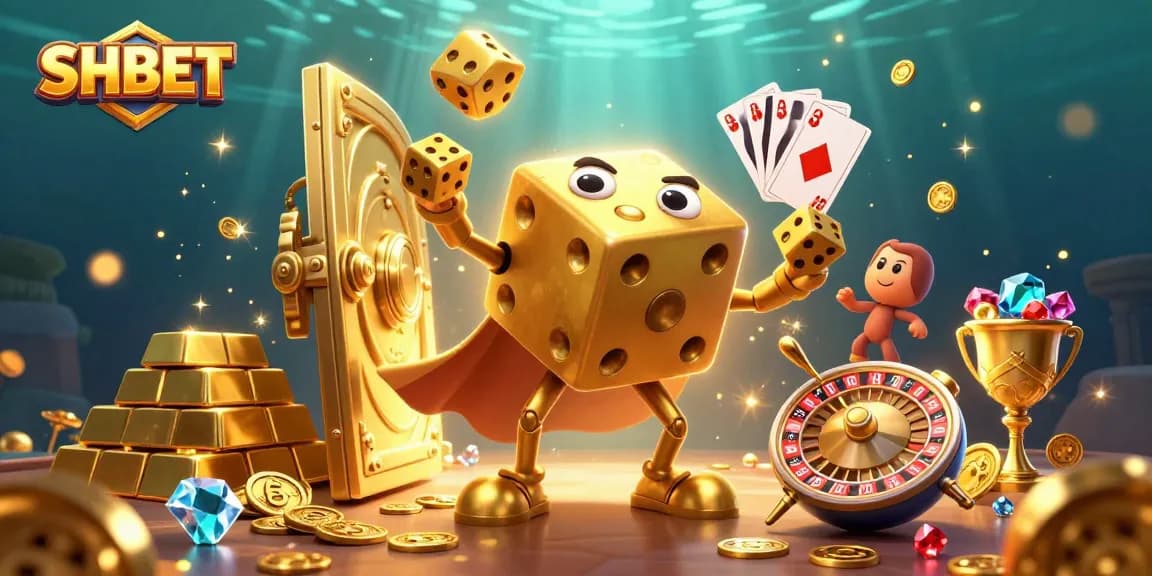 SHBET offers an exhilarating gambling experience with a lively illustration of animated golden dice.