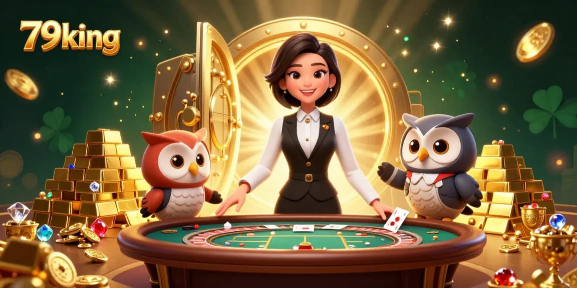 Win big with 79king at a luxurious online baccarat table, featuring friendly dealers and vibrant gaming elements.