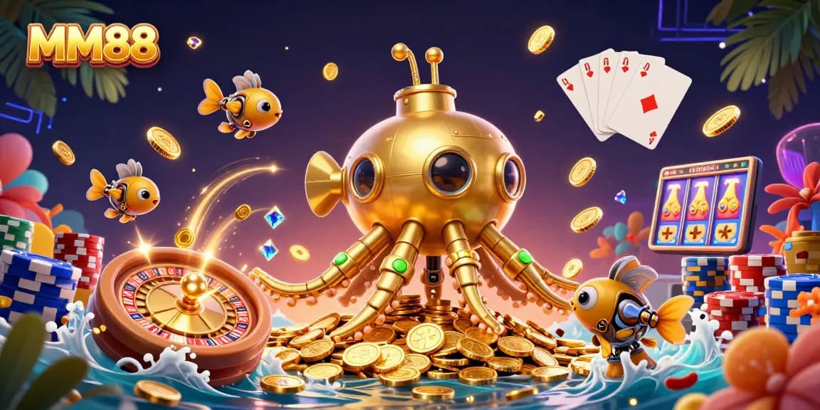 Engage with MM88’s vibrant gaming experience through a dynamic 3D illustration of thrilling casino elements.