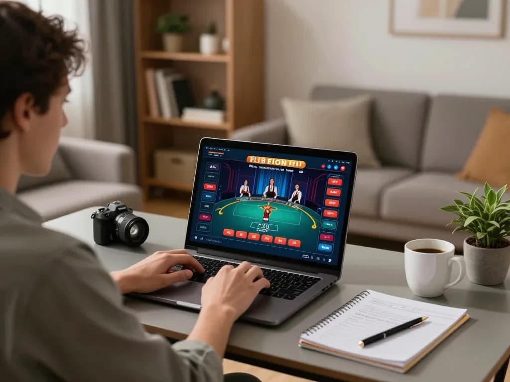 Player engaging in strategic online gaming on fly88 platform from cozy home office setup.