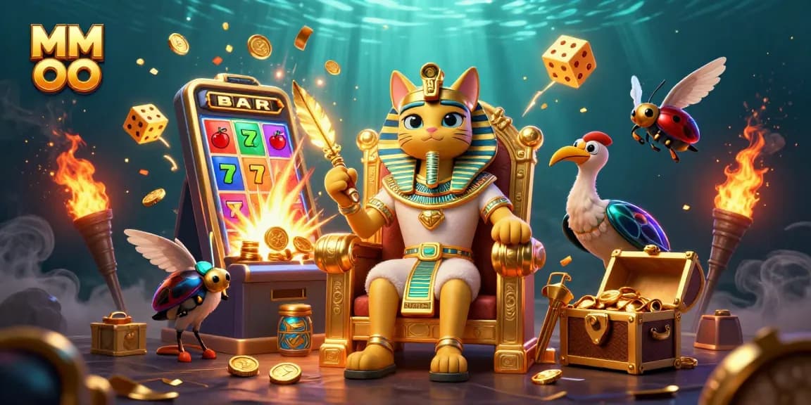 Experience the thrill of MM OO with a pharaoh cat and vibrant casino elements bursting with winnings.