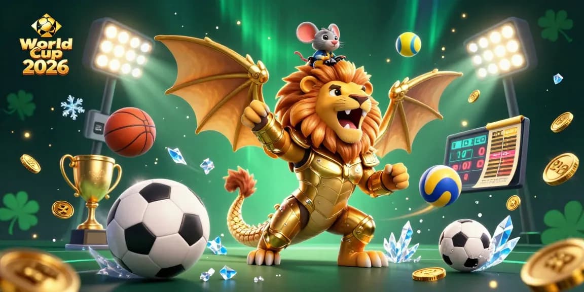 Experience World Cup 2026 with a dynamic scene of sports elements and triumphant characters.