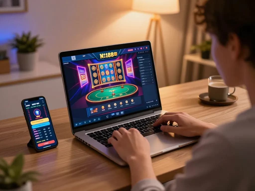 Player engaging with N188 com online casino, showcasing vibrant gaming interface with action-packed atmosphere.