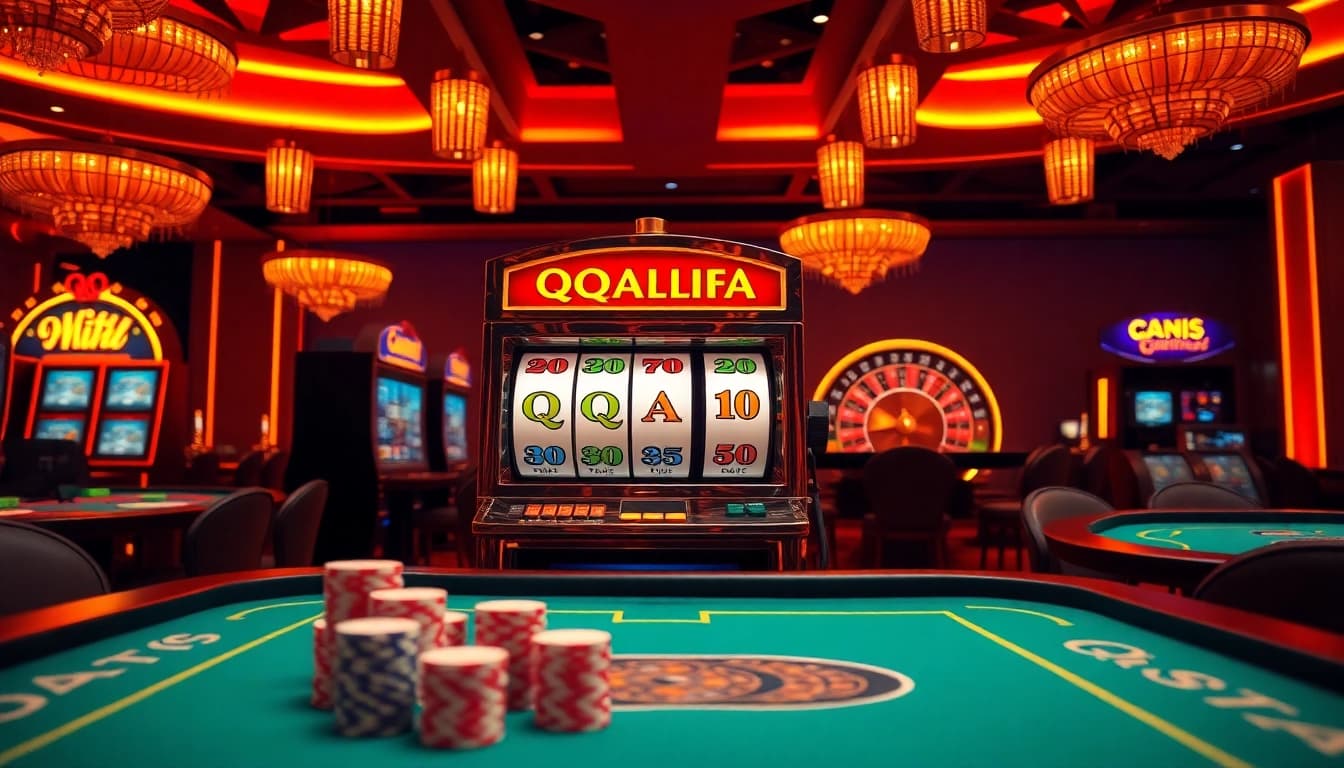Spin the QQALFA slot machine in an exciting casino atmosphere filled with vibrant colors.