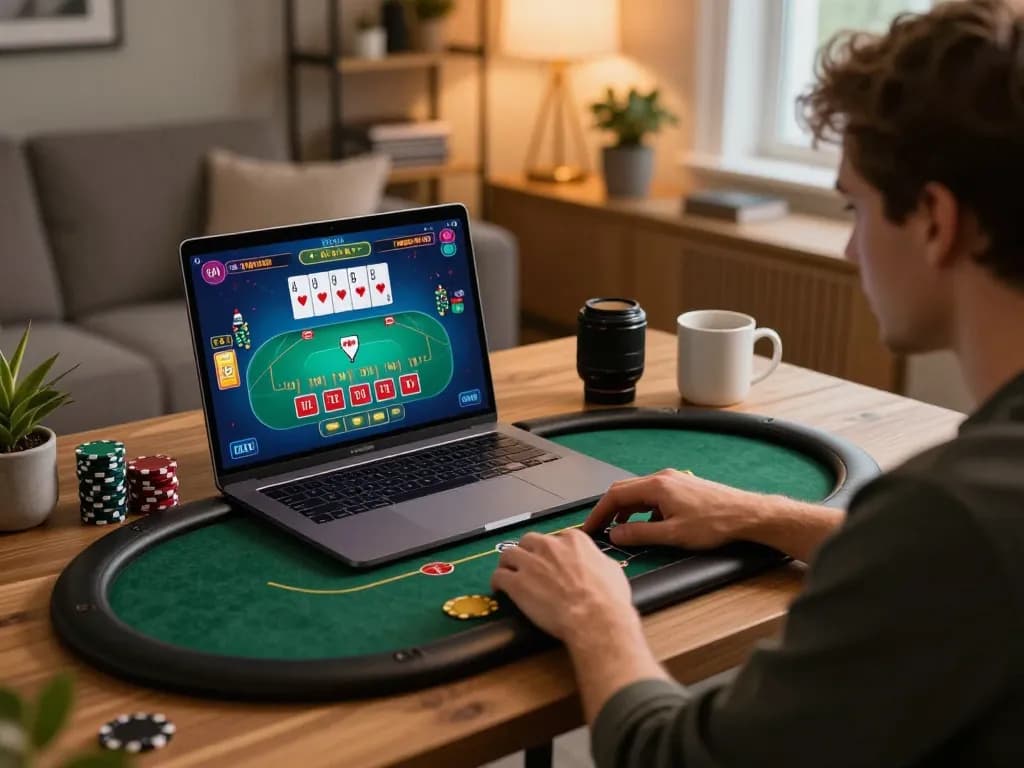GA 888 player actively engaging in online gaming session at home with colorful poker interface.