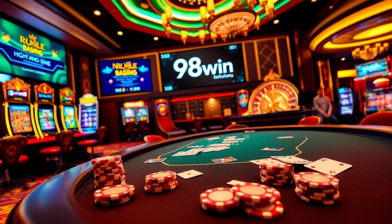 Khuyến mãi 98win showcases exciting casino promotions amidst vibrant poker chips and a luxurious gaming environment.