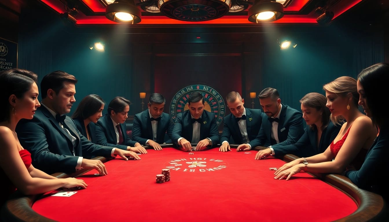 Players engaging in a thrilling poker game at KJC, featuring vibrant colors and luxurious casino elements.