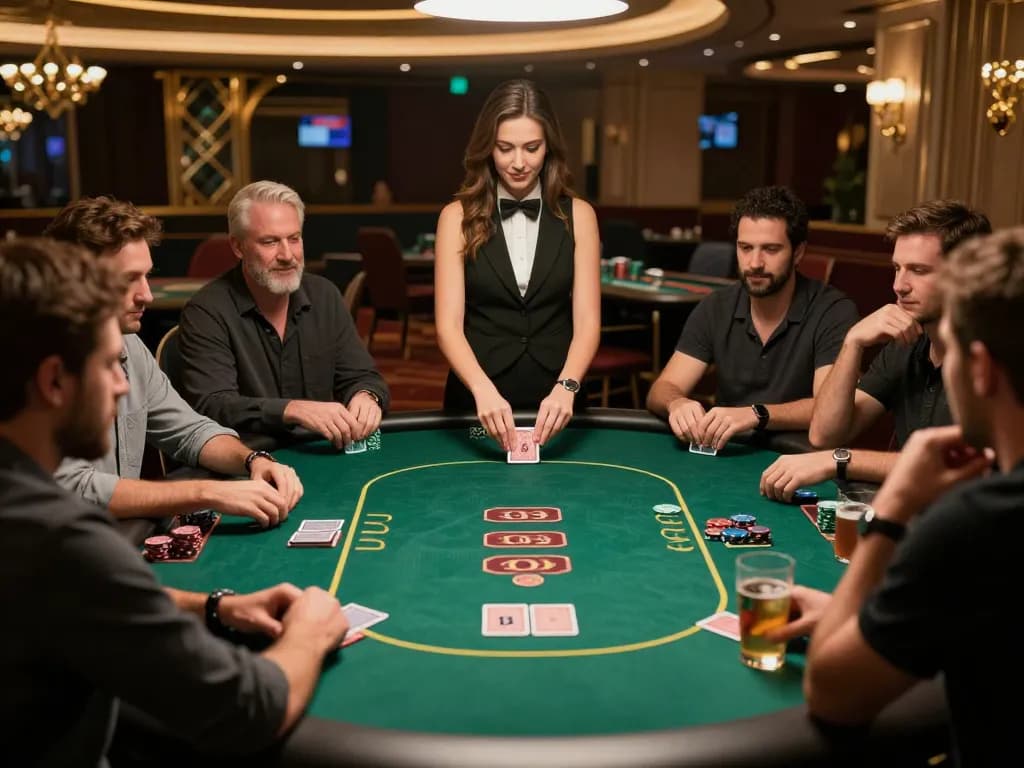 Players strategizing during their new88 poker game in an elegant casino.