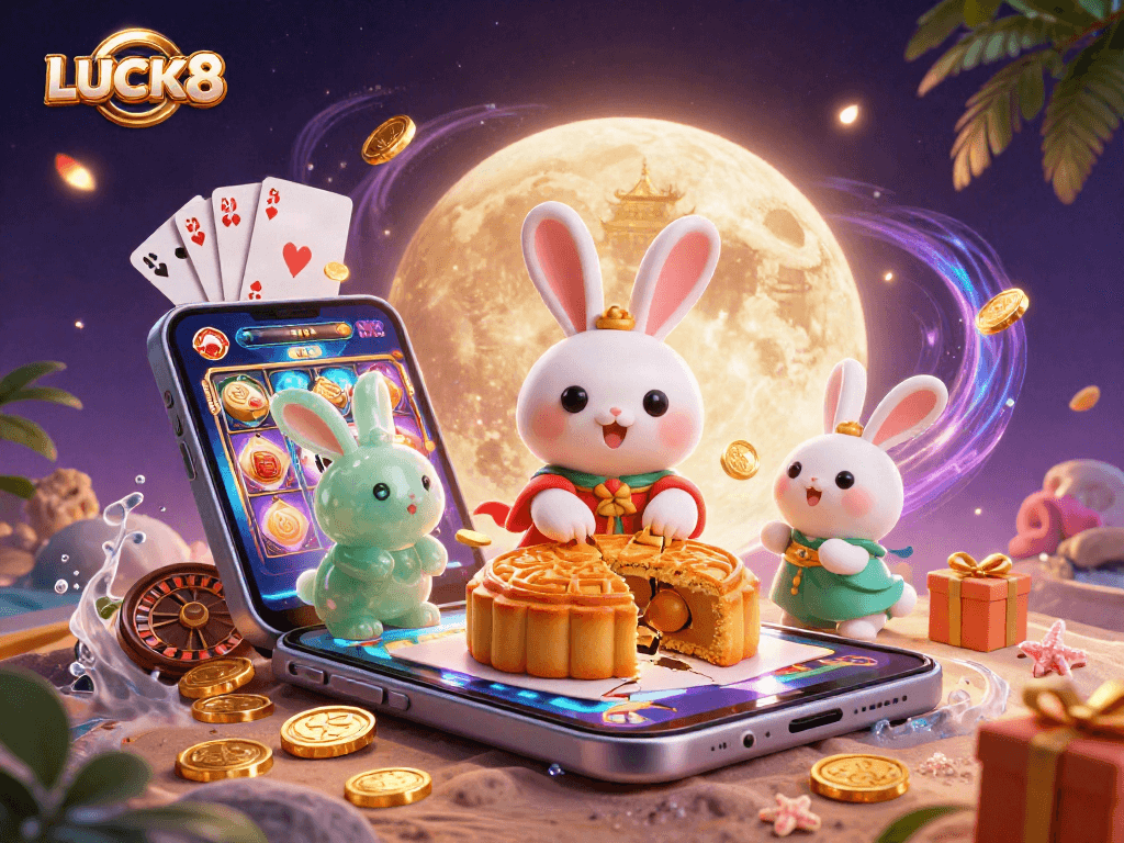 LUCK8 kêu gọi vận may với hình ảnh thỏ trăng và trò chơi cá cược sôi nổi.