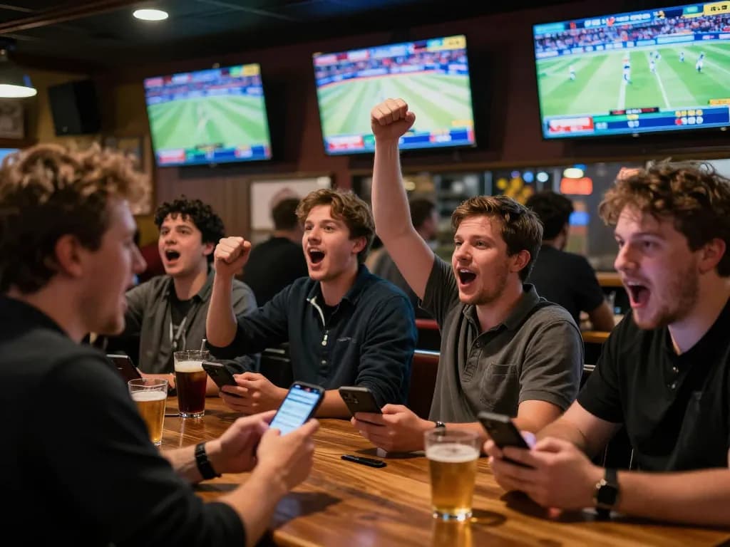 People engaged in sports betting excitedly watching screens, Link Vào Jun88 enhancing their experience