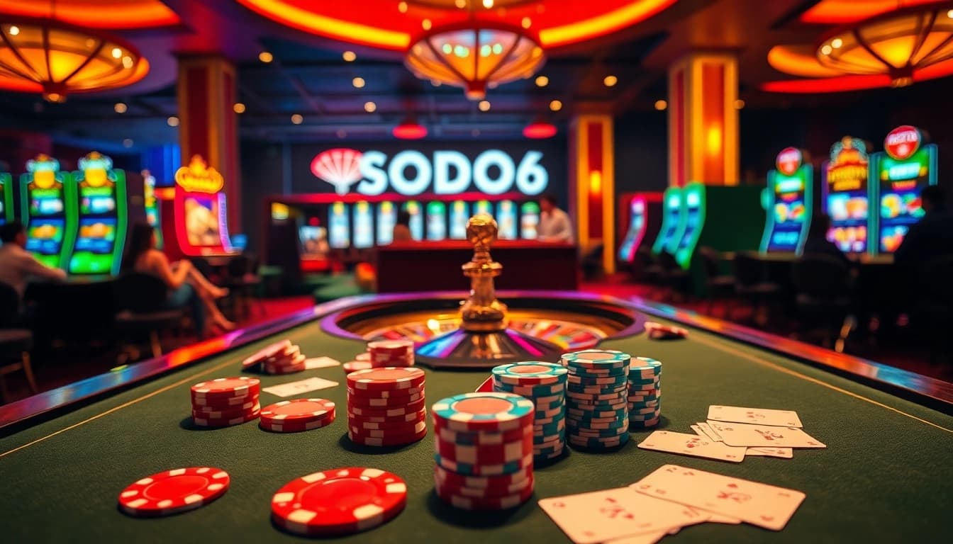 Experience exciting gameplay at SODO66 casino with vibrant poker tables and slot machines.