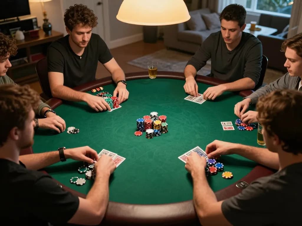 nk88 players engaging in a thrilling poker game with chips and high stakes at a private home game night.