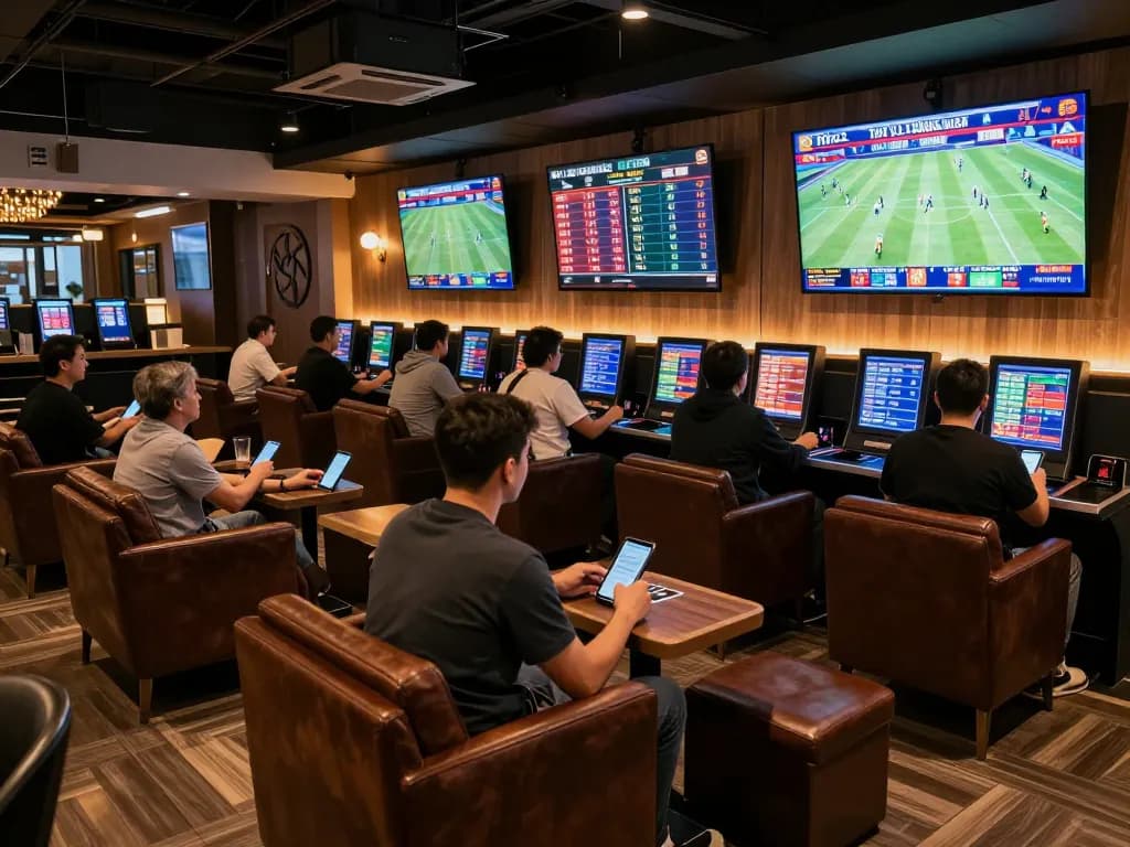 Tỷ Lệ Bóng Đá live updates displayed in a modern betting lounge with patrons engaged in excitement.