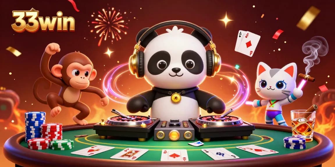 Engage in thrilling gameplay at 33win with vibrant 3D characters and casino elements surrounding them.