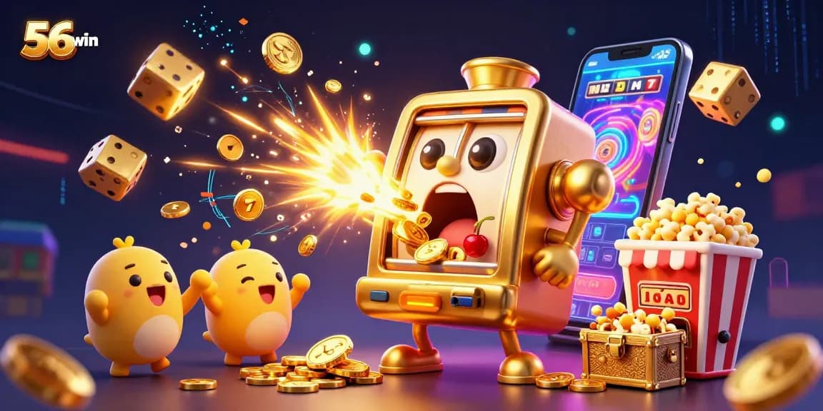 56win slot machine celebrating a jackpot win amid cheering baby slots and golden coin cascades.