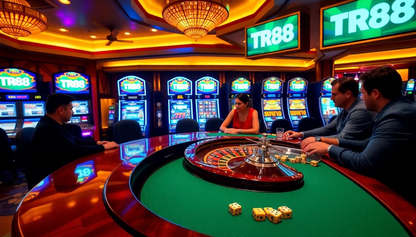 TR88 casino players enjoying a high-stakes poker game in a luxurious setting.