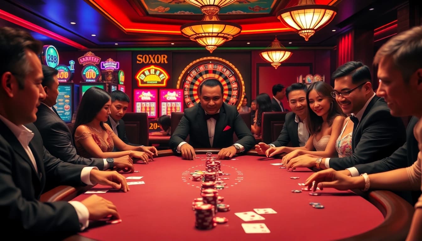 Players enjoying a thrilling poker game at uu888 with colorful chips and cards in a vibrant casino setting.