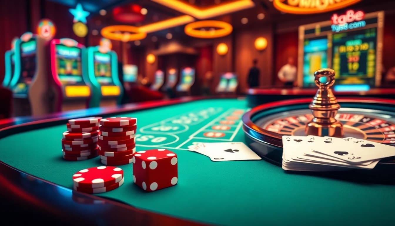 tg88.com displaying winning poker hand and vibrant chip stacks at casino table